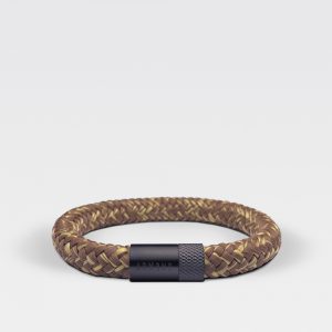Gevlochten bruin met gele armband van ARMBND met zwarte roestvrij stalen sluiting